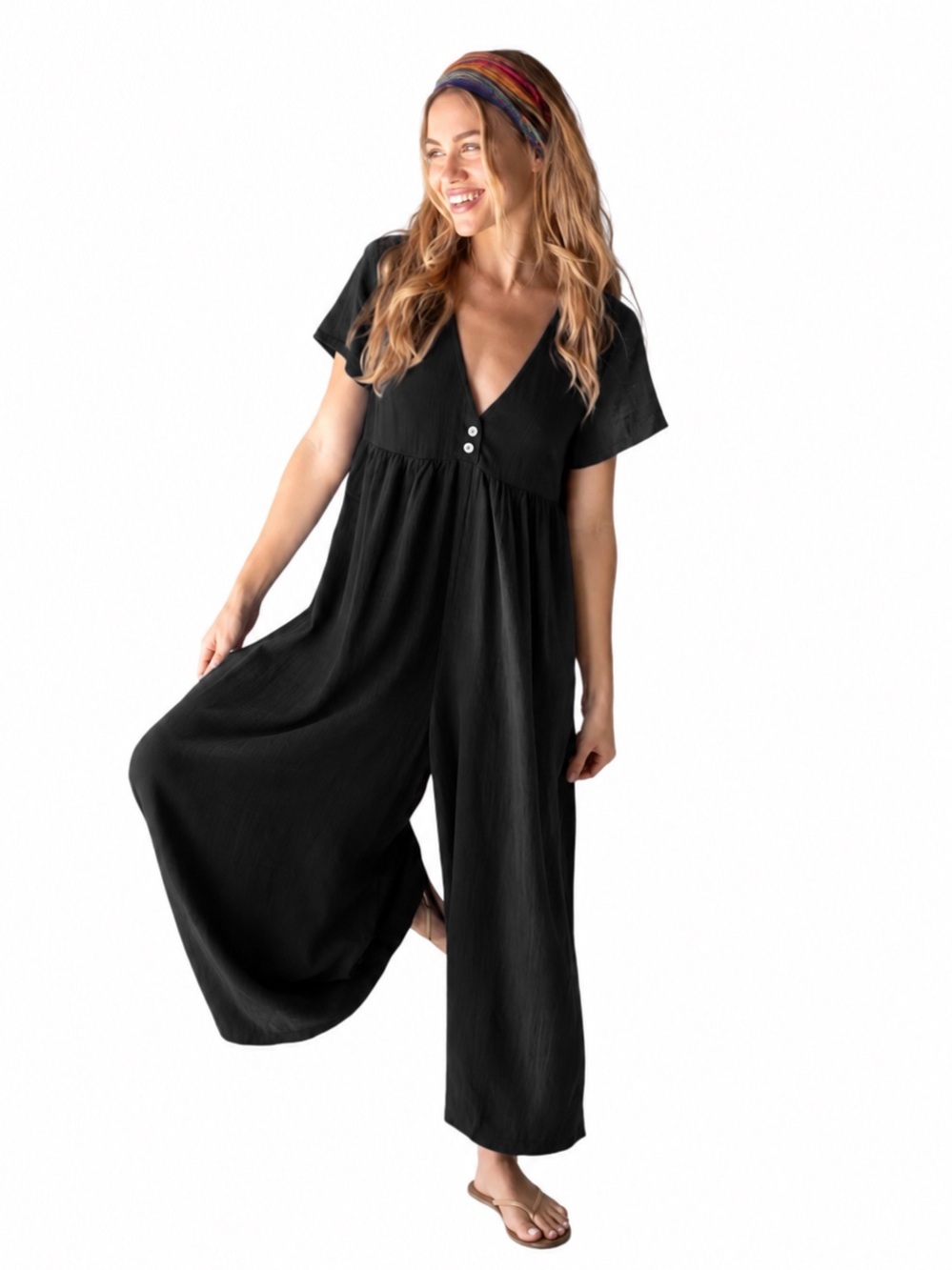 NWOT NATURAL LIFE Black Short-Sleeve Wide-Leg V-Neck Jumpsuit